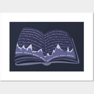 Dark blue, magic dreamer book with snowy mountains and the night sky with stars (for readers) Posters and Art